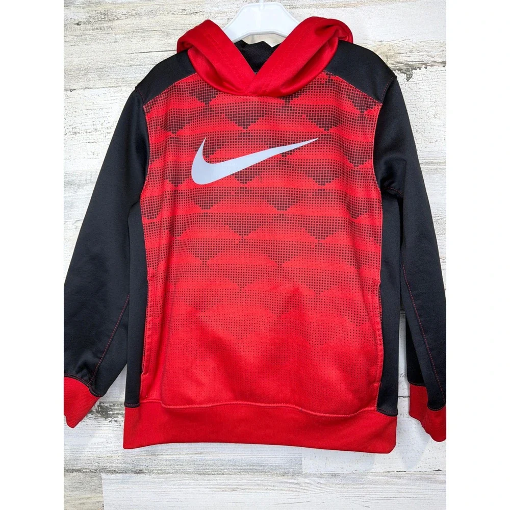 Nike Pullover Hoodie Boys 6 Red Black Graphic Therma-FIT Sportswear GUC*